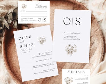 Elegant Wedding Invitation, Simple Wedding Invitation Template, Modern Wedding Invitation Set, rsvp card, Floral Wedding Stationary Canva