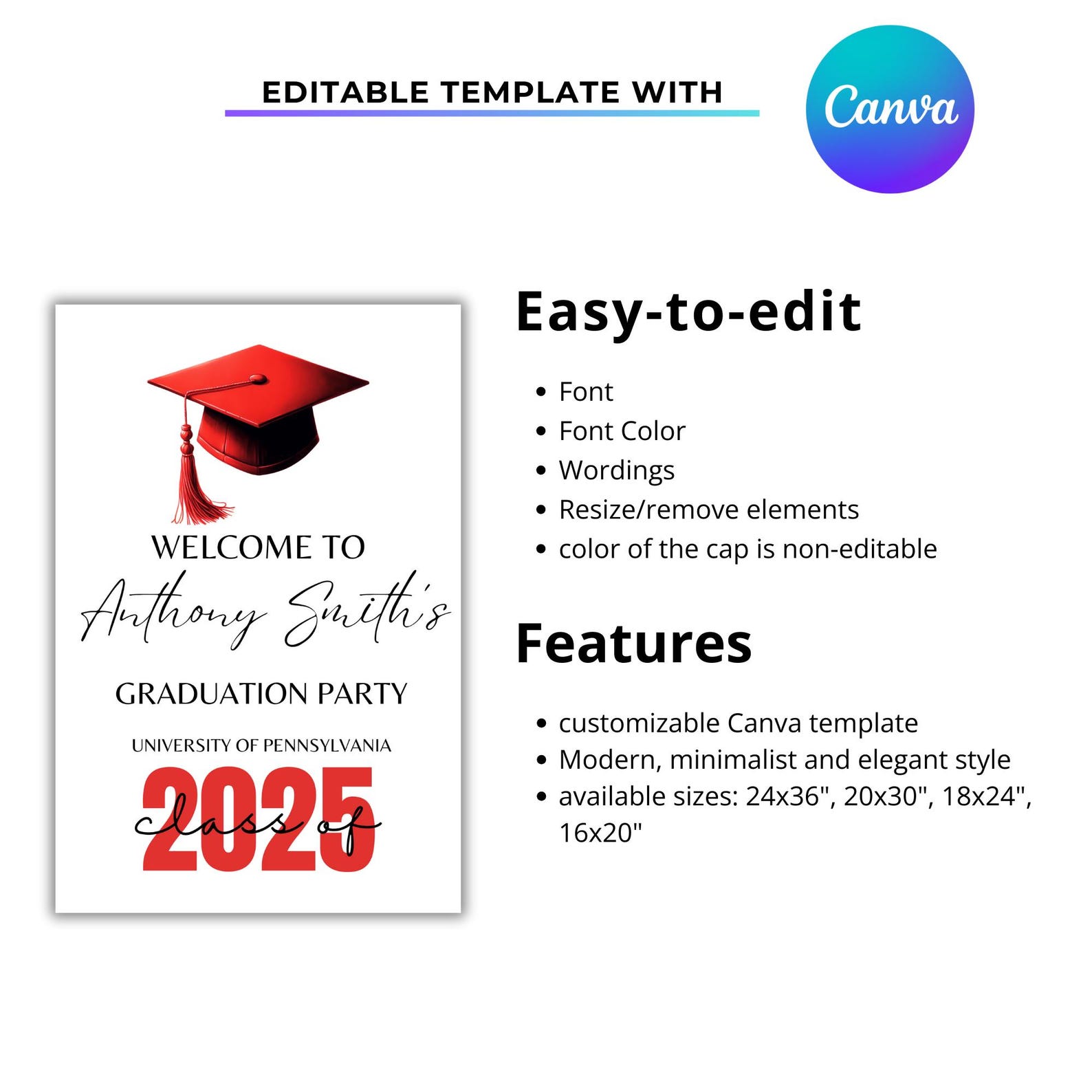 Minimalist Graduation Sign Template Red Grad Party Decor