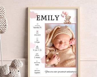 Personalized Baby Birth Stats Sign, Newborn Birth Stats, Custom Newborn Sign, Baby Gift Stats Sign, Pink Nursery Wall Art, Baby Girl Nursery