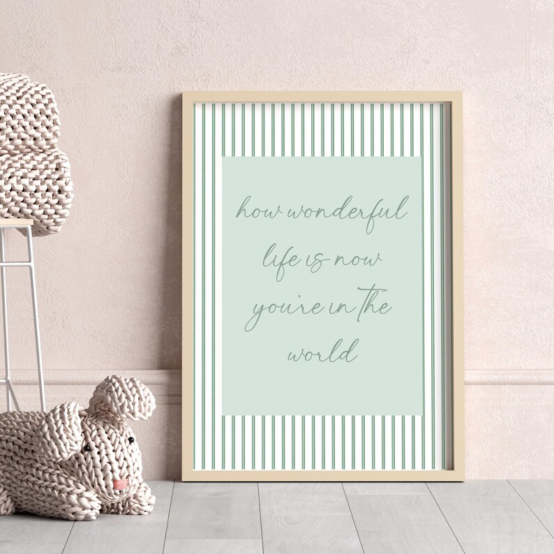 How Wonderful Life Is Now You're In The World Print, Vintage Green Nursery Wall Decor, Nursery Wall Art, Baby Room Decor, Boho Nursery Sign