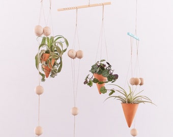 Exclusive and original design eco friendly hanging pot made from wood and terracotta for air plants, succulents, cactus and dried flowers.