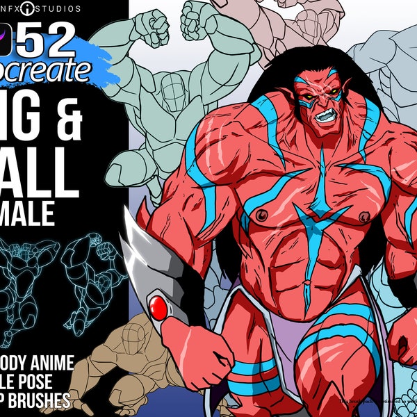 52 Male Big and Tall Pose Procreate Guide Brushes, Anime Style Anatomy Figures Perfect For hand Drawn Digital Art of Big Muscular Men