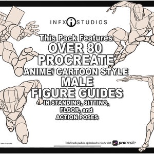 May include: A digital illustration of a pack of over 80 Procreate male figure guides in anime/cartoon style. The guides feature standing, sitting, floor, and action poses.