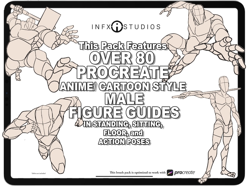 May include: A digital illustration of a pack of over 80 Procreate male figure guides in anime/cartoon style. The guides feature standing, sitting, floor, and action poses.