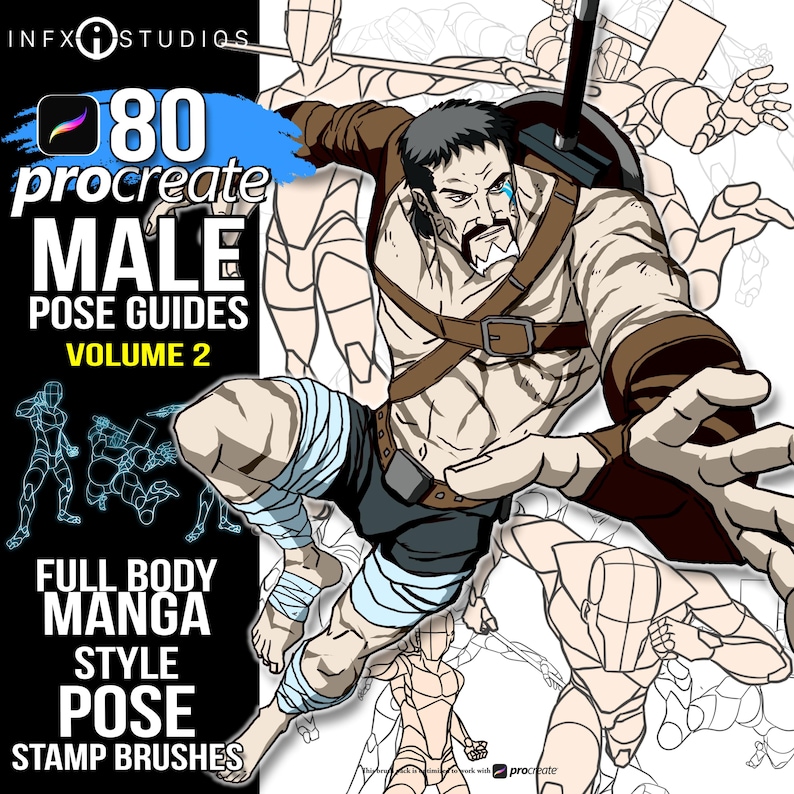 May include: 80 Procreate Male Pose Guides Volume 2: Full Body Manga Style Pose Stamp Brushes. A digital art product for creating manga style poses.