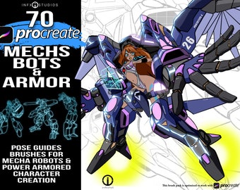 70 Mechs, Bots, and Power Armor Pose guide brushes Anime style guides for artists hand drawn Art for comic, animation, or storyboard.
