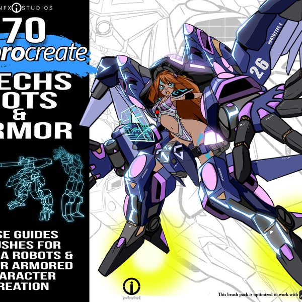 70 Mechs, Bots, and Power Armor Pose guide brushes Anime style guides for artists hand drawn Art for comic, animation, or storyboard.