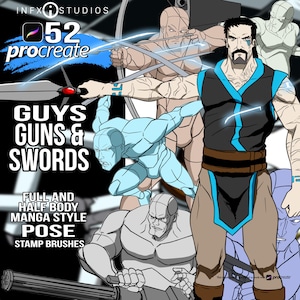 May include: 52 Procreate stamp brushes for creating full and half body manga style poses. The brushes feature a variety of poses for guys with guns and swords.