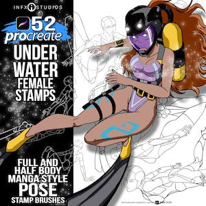 52 Female Under Water Pose Procreate guide brushes Anime style guides for artists hand drawn Art for comic, animation, or storyboard.