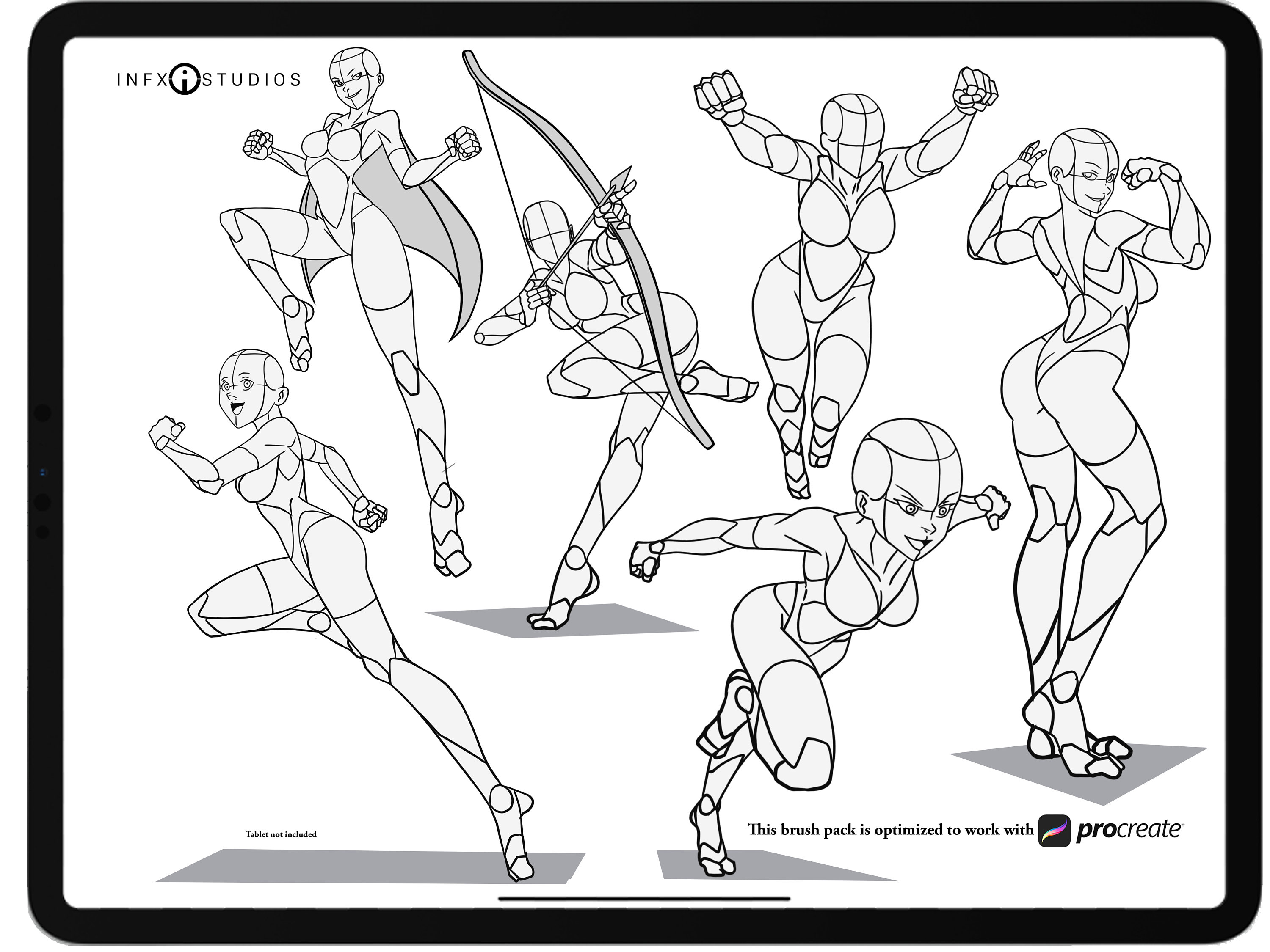 60 Female Superhero Pose Procreate brushes, Female Stamps guides for