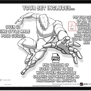 May include: A black and white illustration of a male figure in a dynamic pose. The image is labeled "Over 80 Anime Style Male Pose Guides." The text "Your Set Includes..." is at the top of the image. The image also includes a PDF icon and a PNG icon.