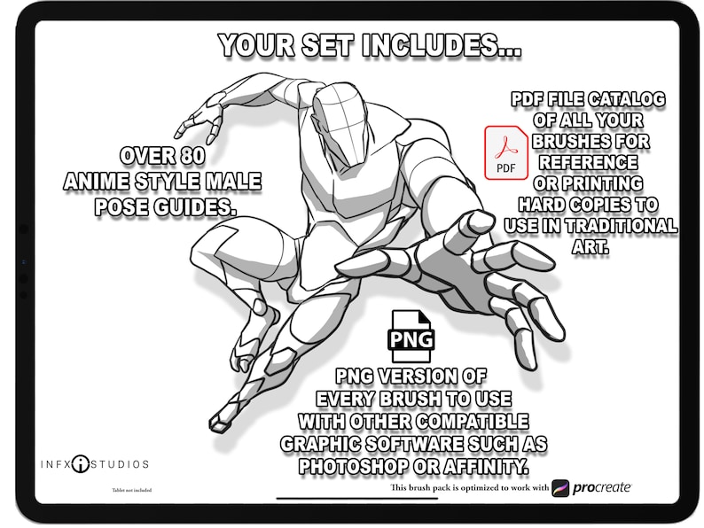 May include: A black and white illustration of a male figure in a dynamic pose. The image is labeled "Over 80 Anime Style Male Pose Guides." The text "Your Set Includes..." is at the top of the image. The image also includes a PDF icon and a PNG icon.