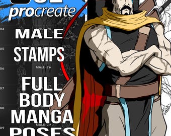 52 Male pose Procreate Brushes, Stamps guides for Hand Drawn digital art, Male Anatomy guides for Cartoon/ Anime Figures