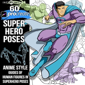 60 Male Superhero Pose Procreate brushes, Male  Stamps guides for Hand Drawn digital art of Anime Style Men in Superhero stances