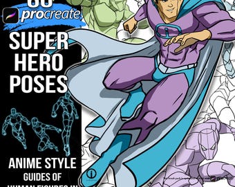 60 Male Superhero Pose Procreate brushes, Male  Stamps guides for Hand Drawn digital art of Anime Style Men in Superhero stances