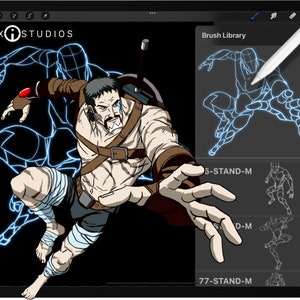 May include: A digital illustration of a character in a fighting pose, with a blue glowing wireframe overlay. The character is wearing a brown leather belt and a blue and white cloth wrapped around their legs. The image is on a digital tablet screen with a stylus hovering over the screen. The text "INFX STUDIOS" is at the top of the screen. The text "Brush Library" is on the right side of the screen. The text "5-STAND-M", "D-M", and "77-STAND-M" are on the right side of the screen.