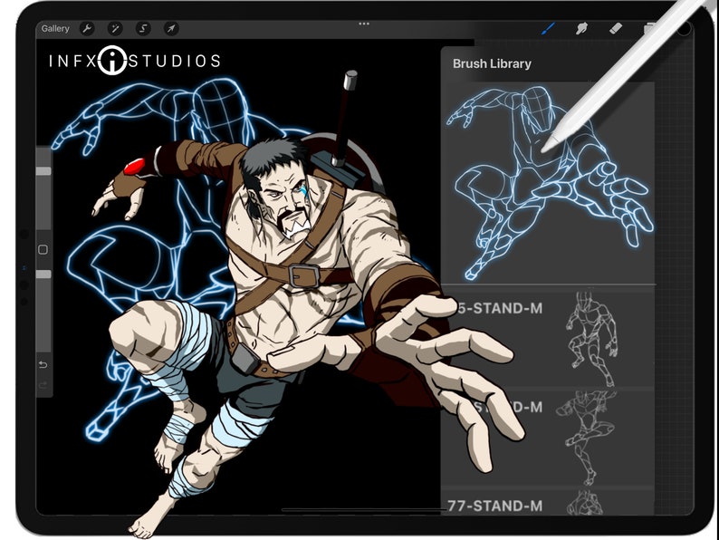 May include: A digital illustration of a character in a fighting pose, with a blue glowing wireframe overlay. The character is wearing a brown leather belt and a blue and white cloth wrapped around their legs. The image is on a digital tablet screen with a stylus hovering over the screen. The text "INFX STUDIOS" is at the top of the screen. The text "Brush Library" is on the right side of the screen. The text "5-STAND-M", "D-M", and "77-STAND-M" are on the right side of the screen.