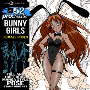 May include: 52 Procreate stamp brushes featuring full and half body manga style poses of bunny girls in various poses. The brushes are designed for use with the Procreate app.