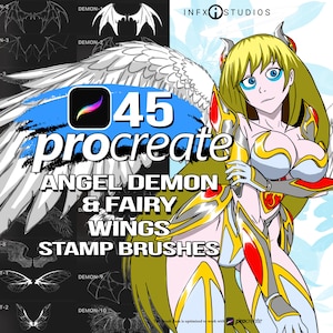 Könnte beinhalten: Grafik für digitale Kunst mit dem Procreate-Logo, der Zahl 45 und dem Text "Angel Demon & Fairy Wings Stamp Brushes". Das Bild zeigt verschiedene Flügeldesigns und einen Anime-Charakter mit Engelsflügeln.
