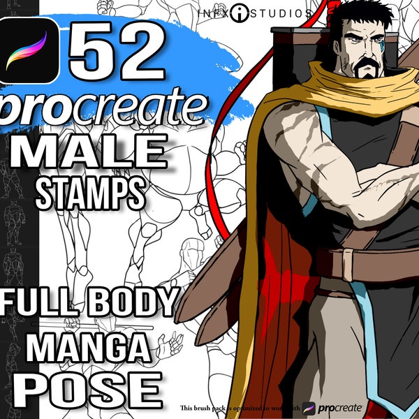 52 Male pose Procreate Brushes, Stamps guides for Hand Drawn digital art, Male Anatomy guides for Cartoon/ Anime Figures