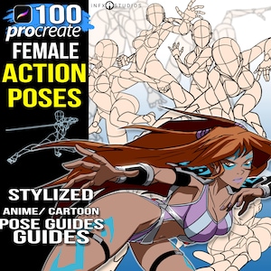 100 Procreate Female Action Poses For Artist, Female poses stamp brushes for Procreate, poses stamp, body stamp, anime comic anatomy guide