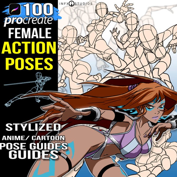 100 Procreate Female Action Pose Brushes Anime great for Comic manga projects Female figures in action poses for digital artists