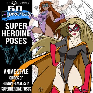 60 Female Superhero Pose Procreate brushes, Female Stamps guides for Hand Drawn digital art of Anime Style Women in Superhero stances