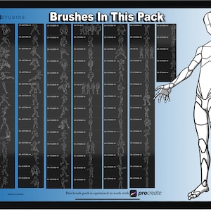May include: A digital illustration of a male figure in various poses. The image shows 80 different poses, including standing, walking, and action poses. The poses are organized into columns labeled "Action", "Floor", and "Stand". The image is labeled "Brushes In This Pack" and "This brush pack is optimized to work with procreate".
