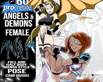 Procreate Brushes, 60 Anime Female Angels and Demons Poses (Digital Download)