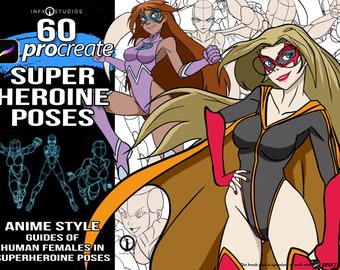 60 Female Superhero Pose Procreate brushes, Female Stamps guides for Hand Drawn digital art of Anime Style Women in Superhero stances