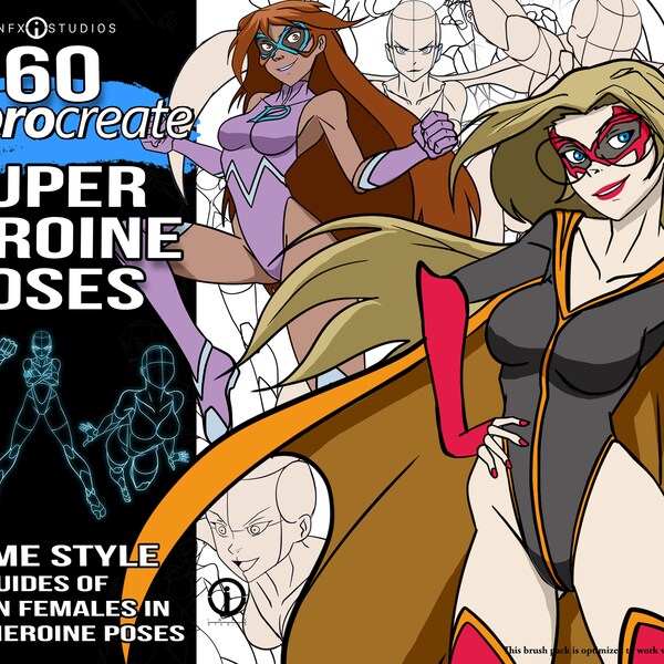 60 Female Superhero Pose Procreate brushes, Female Stamps guides for Hand Drawn digital art of Anime Style Women in Superhero stances