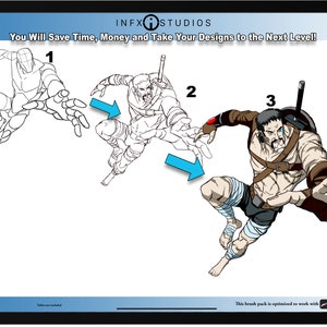 May include: A three-step illustration showing the process of creating a character design. The first step is a simple stick figure, the second step is a more detailed line drawing, and the third step is a fully rendered character with color and shading. The text "You Will Save Time, Money and Take Your Designs to the Next Level!" is at the top of the image.