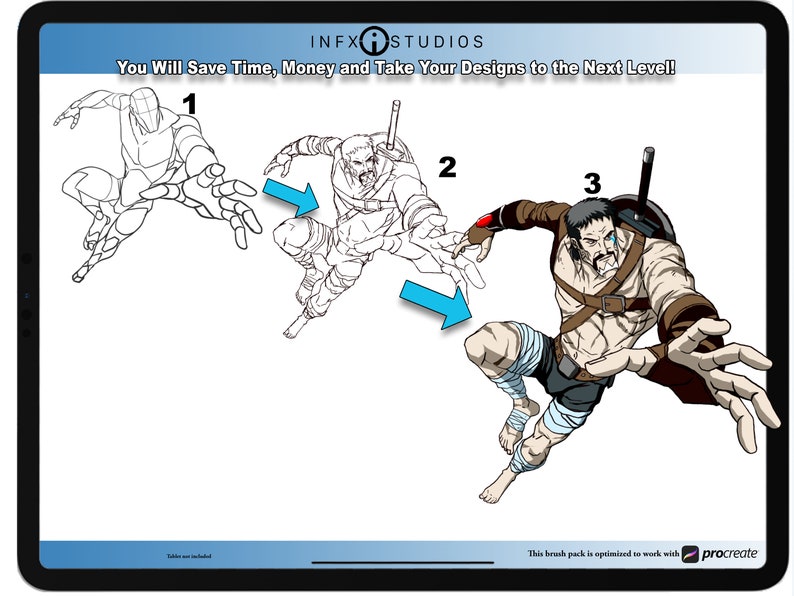 May include: A three-step illustration showing the process of creating a character design. The first step is a simple stick figure, the second step is a more detailed line drawing, and the third step is a fully rendered character with color and shading. The text "You Will Save Time, Money and Take Your Designs to the Next Level!" is at the top of the image.