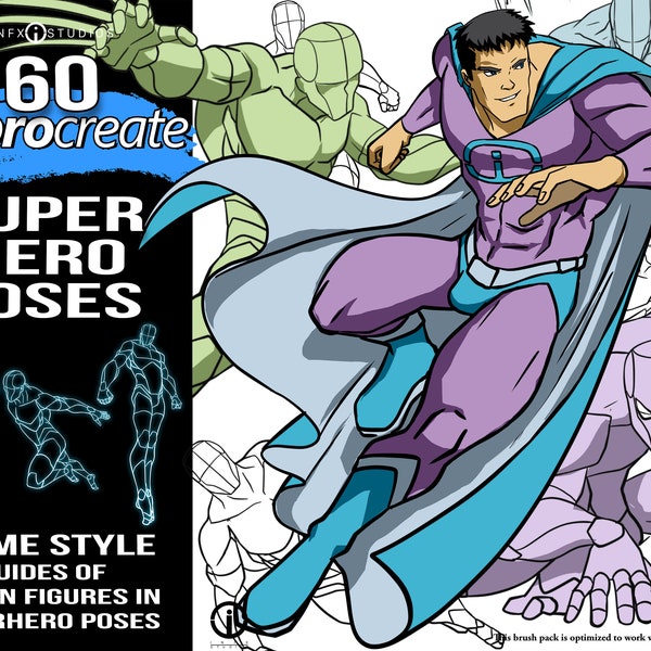 60 pinceles Procreate de pose de superhéroe masculino, guías de sellos masculinos para arte digital dibujado a mano de hombres de estilo anime en posturas de superhéroe