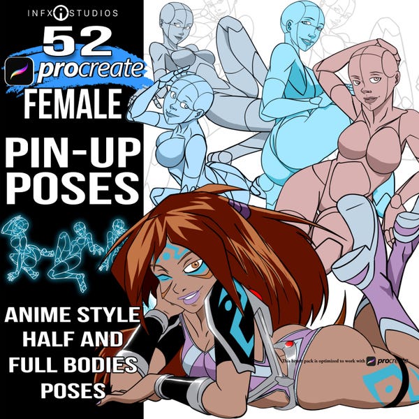52 Female Pinup Procreate Pose Brushes, Anime Style Stamps