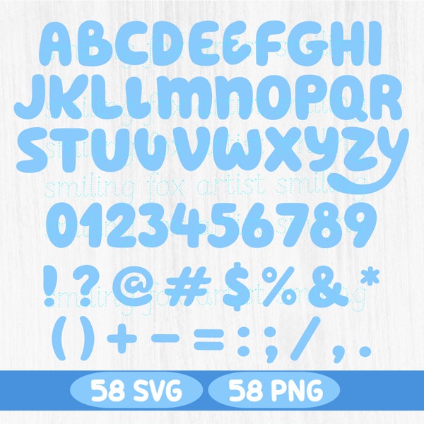 Pack de polices d'inspiration Bluey, chien bleu SVG, fichiers PNG, numérique, SVG Cricut, anniversaire, lettres, alphabet bleu, chiffres, symboles, chemises