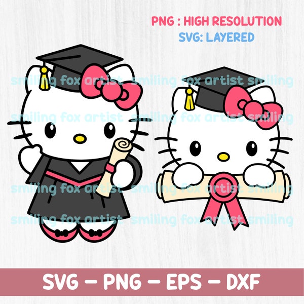 Graduation Kawaii Kitty SVG,  Cute Graduate Kitty PNG Clipart, Sublimation, Transfers, T-shirt Design, Graduation Dress, High School 2024
