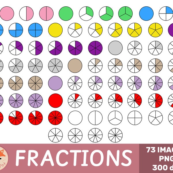 Fractions Bundle Clip Art, 73 Circle Fractions, Math Clipart, Montessori, Homeschool, Math Centers, Worksheets, PNG, Commercial Use