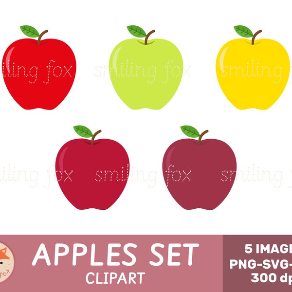 Apple Clip Art, Set of 5 Apples, Red, Yellow, Green Apple, SVG vector, EPS, PNG Images, Flat Style, Fall, Autumn, Harvest, Commercial Use