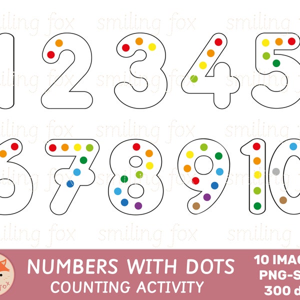 Numbers with Counting Dots Clip Art, Numerals Clipart, Math Graphics, Preschool Kids, Learn to Count, PNG Images, Commercial Use