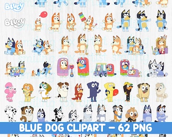 Paquete Mega Blueey Clipart, temática de cumpleaños de perro azul, familia y amigos de perro azul, archivos PNG, imágenes prediseñadas para camisas, pegatinas, descarga digital