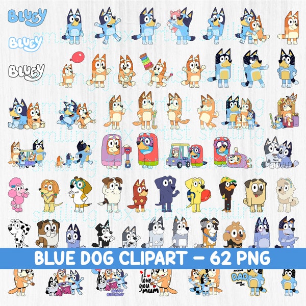 Bundle de cliparts méga chien bleu, anniversaire chien bleu sur le thème, chien bleu famille et amis, fichiers PNG, Clipart pour chemises, autocollants, téléchargement numérique