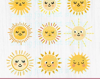 Zon clipart bundel, PNG-bestanden, gelukkige schattige zonsondergang, zon gezichten, zomer illustraties, hand getrokken, zon voor stickers, logo, Boho, Scandinavische stijl