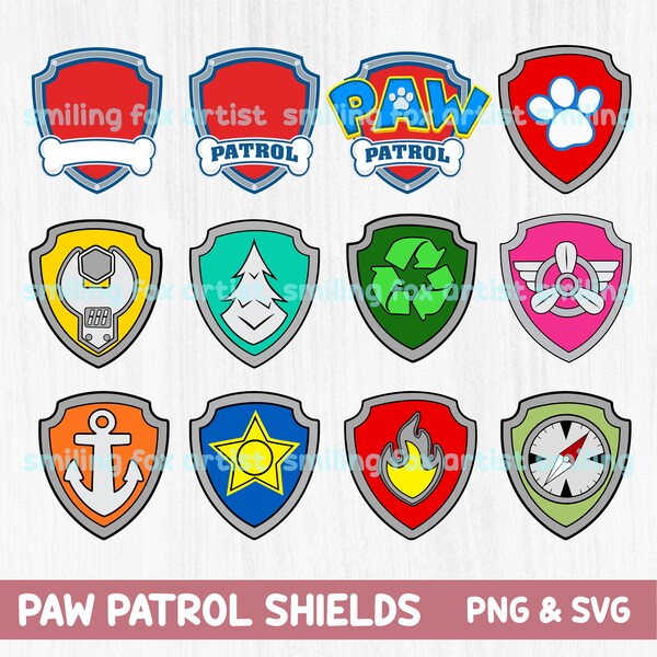 Paw Shields SVG & PNG, 12 Badges, Paw P Logo, Birthday Theme, Cupcake Toppers, Shirts, Sublimation Clipart, Vector, Cut Files, Stickers