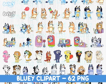 Bundle de cliparts bleus, 62 fichiers PNG, bleus et bingo, famille Bluey, fête d'anniversaire Bluey, chien, dessins, illustrations, clipart, PNG pour les chemises