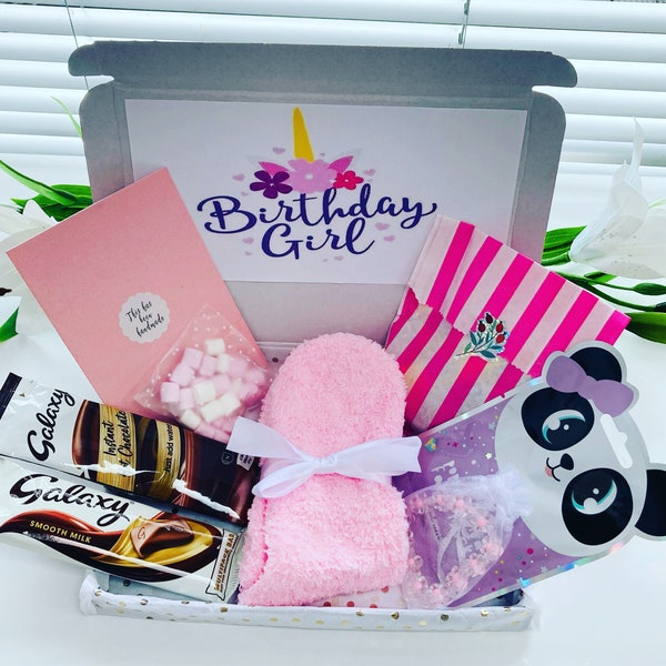 Little Girls Personalised Birthday spa gift letterbox set cosy socks, charm bracelet girls treat box, Little girls luxury birthday party bag