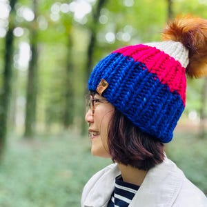 Handknit Merino Wool Beanie: Matisse Blue Pink White Pom Pom Hat