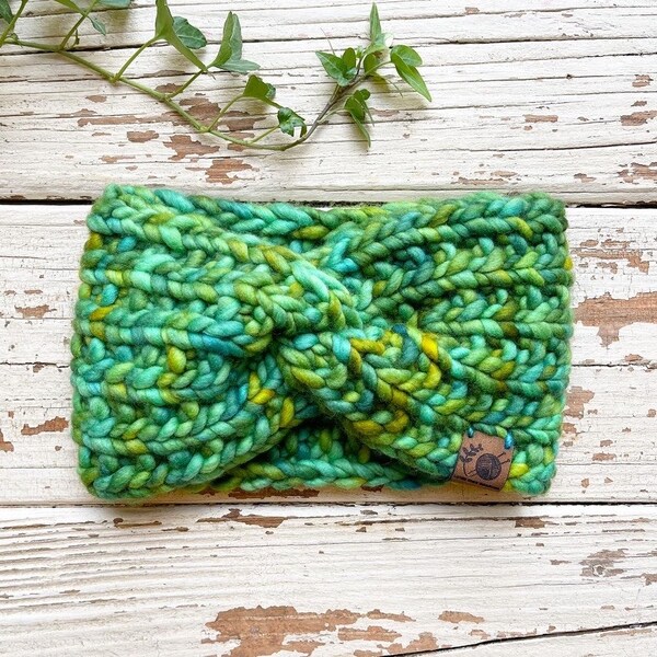 Hand Knit Adult Headband |Zermatt Headband | Green Women Ear Warmer | 100% Merino Wool | Ethically Sourced Wool