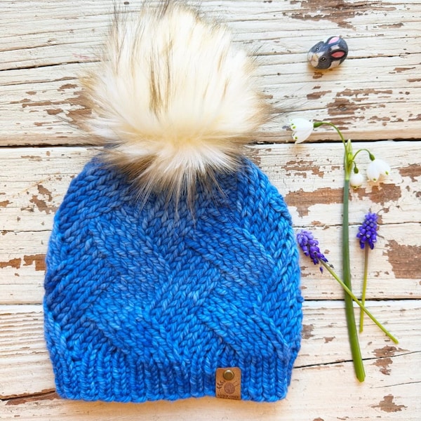 Luxury Wool HandKnit Adult Women Beanie | Winter Pom Pom Hat | Denim Blue Beanie | 100% Merino Wool | Ethically Sourced Wool