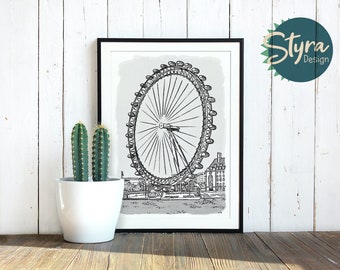 Obra de arte del London Eye, impresión artística de Waterloo, decoración del hogar, póster de tamaño A4 o A3 de 4 x 6, 5 x 7
